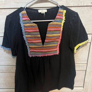 Entro Black and Red Graphic Blouse with Bib Collar